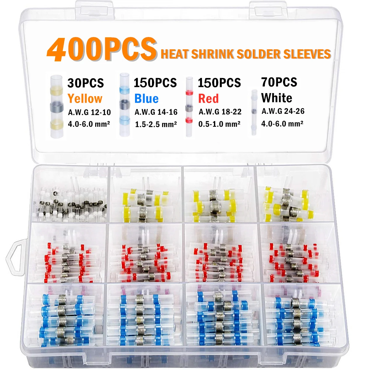 

400Pcs Waterproof Insulated Solder Seal Sleeve Wire Connectors Heat Shrink Wire Butt Connector Terminals Kit Assortment