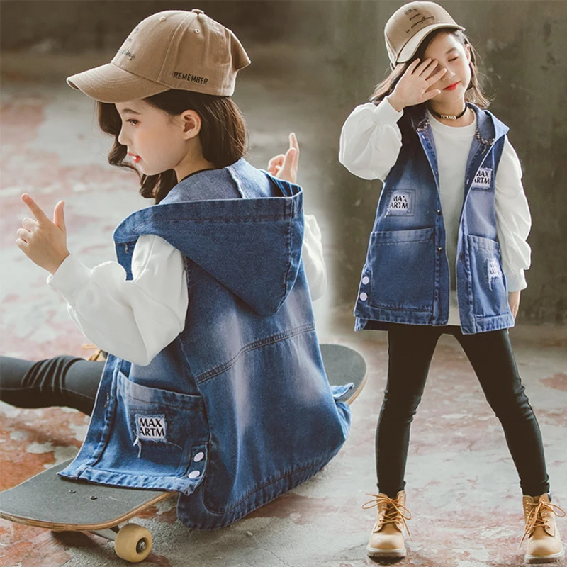 Детская одежда 2019 новый осенний джинсовый жилет с капюшоном для девочек модная