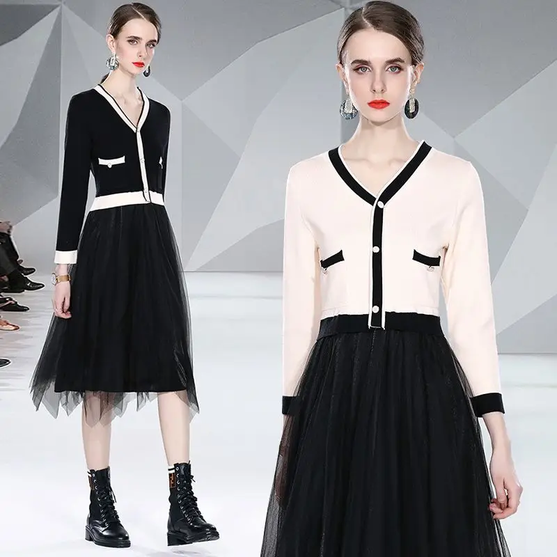 

Fashion Women V Neck Pocket Pullover Color Contrast Ball Gown Vestidos Autumn Winter Knitted Stitching Mesh Irregular Dress 9531