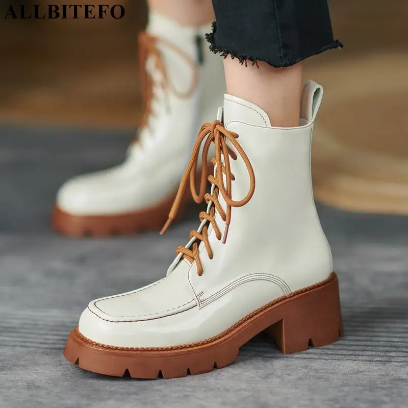 

ALLBITEFO Lace-up Autumn Winter Shoes Genuine Leather High Heel Rain Boots Waterproof Women Boots Fashion Non-Slip Ankle Boots