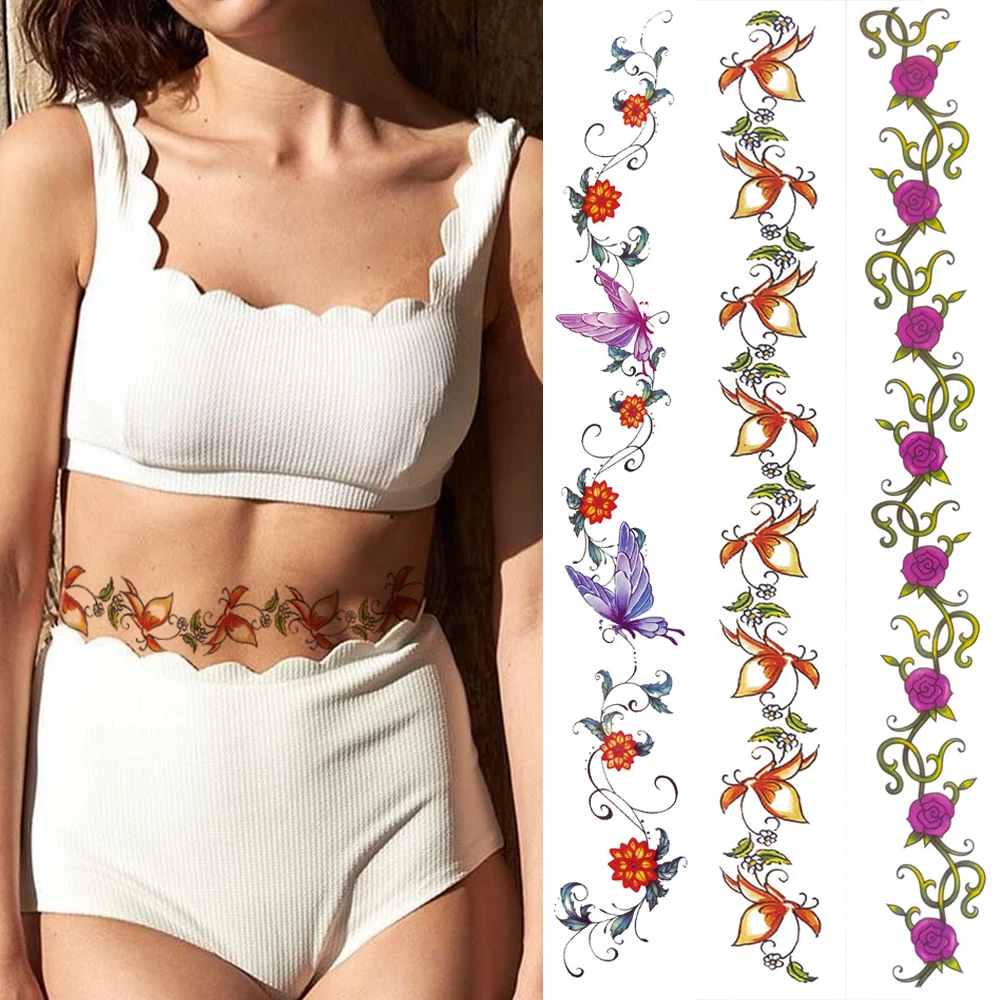 

DIY Flora Daisy Temporary Tattoos Sticker For Women Sexy Body Art Waist Tatoos Realistic Fake Flower Vine Tattoo Decor For Party