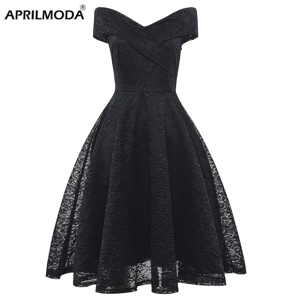 Женское винтажное кружевное платье трапеция черное красное с открытыми плечами V