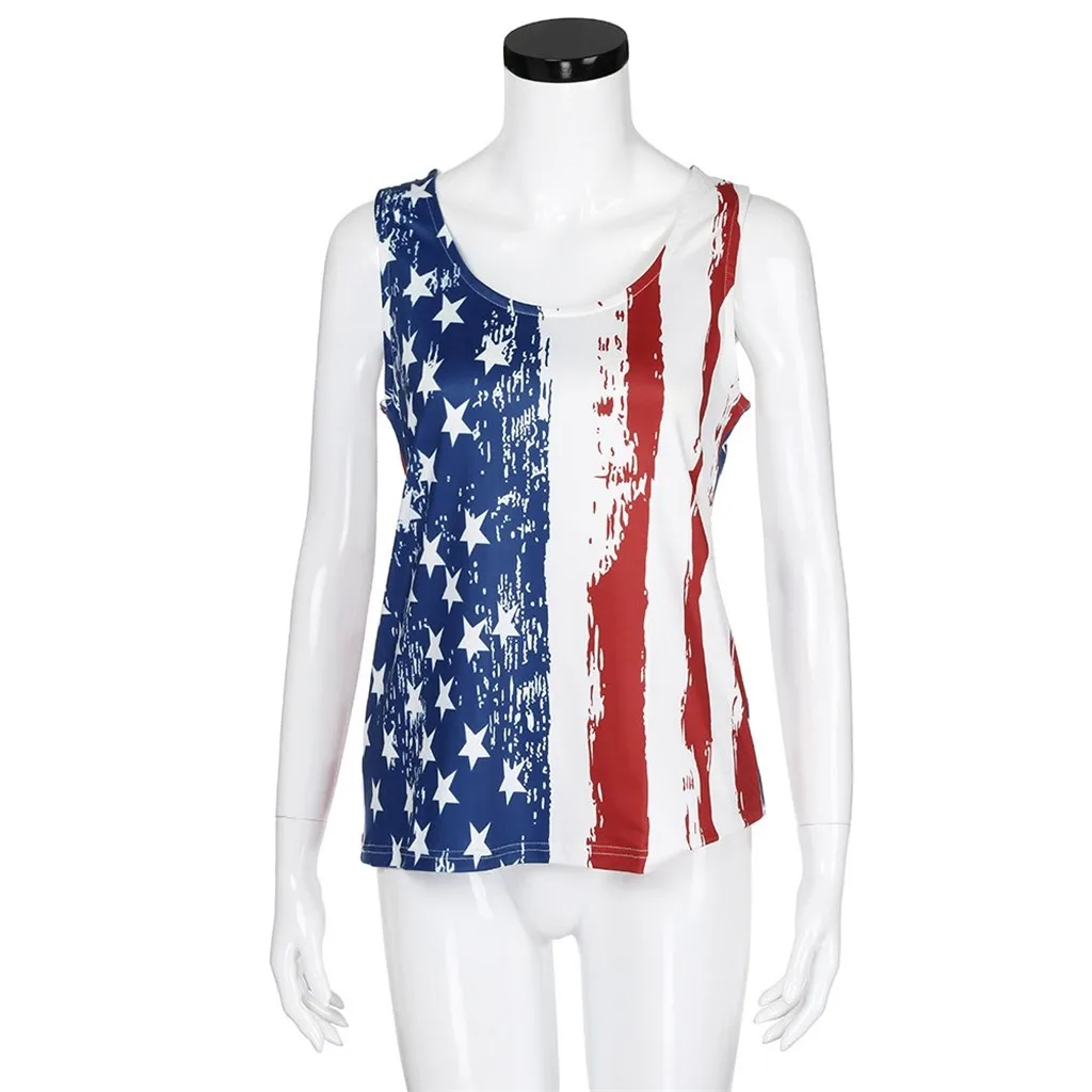 Женская футболка без рукавов патриотическая полосатая с принтом американского