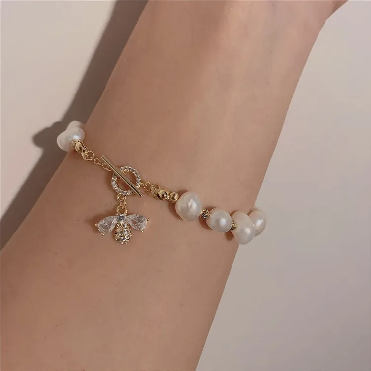 

New Gold Plating beer natural pearl bracelets fashion jewelry zircon charm bracelet female brace lace fashion accessories jewel