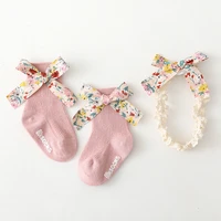 0 12m newborn baby gift floral bows headband non slip floor socks 3pcsset elastic lace hairband and cute cotton socks hot set