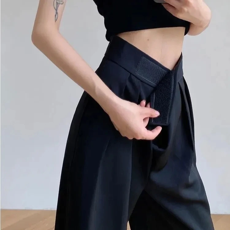 Thin black wide-leg pants in summer, female short, high waist, casual and loose mopping ice silk suit straight pants