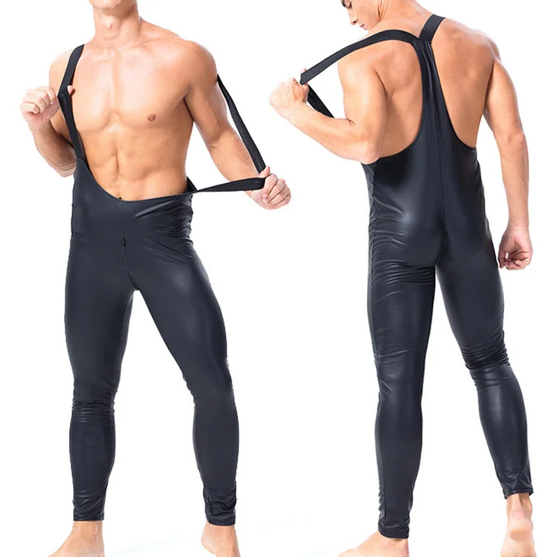 

Gay Bodysuits Overalls PU Leather Zipper Crotchless Gay Jumpsuits Wrestling Singlet Mankini Latex Fetish Leotard Body Suit XXL