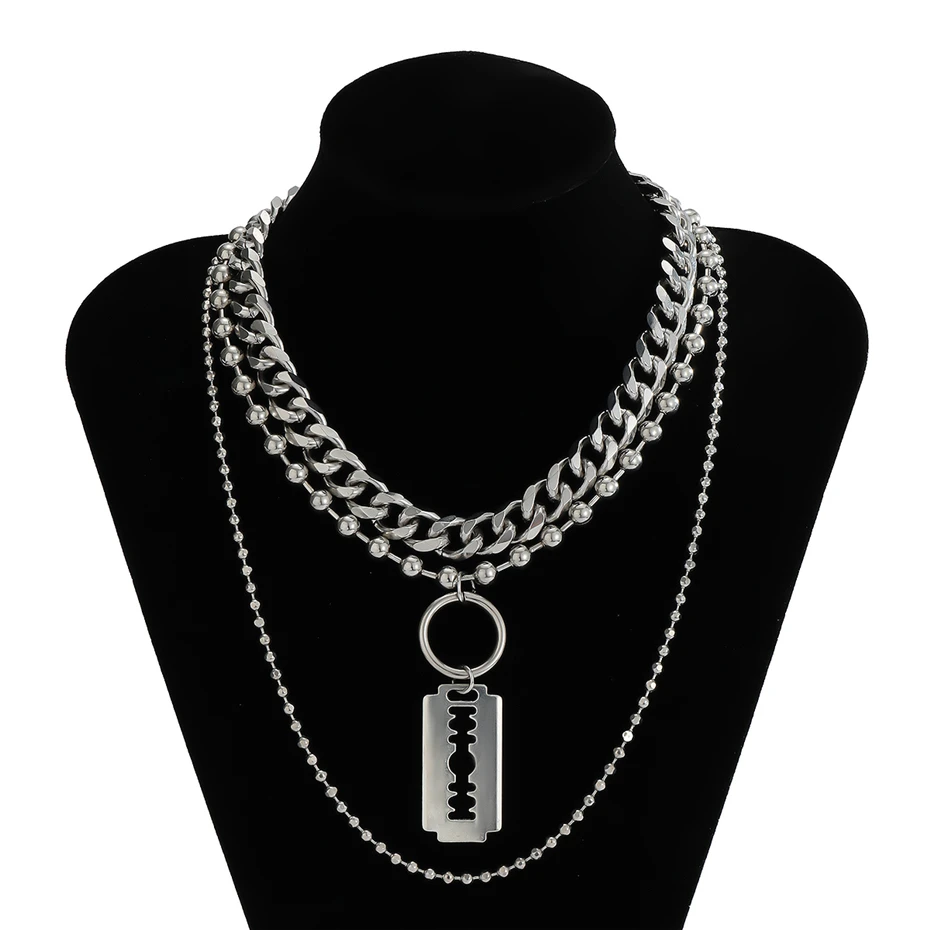 

IngeSight.Z 3Pcs/Set Multi Layered Vintage Razor Blades Shaped Pendant Necklace Silver Color Bead Thick Choker Necklaces Jewelry