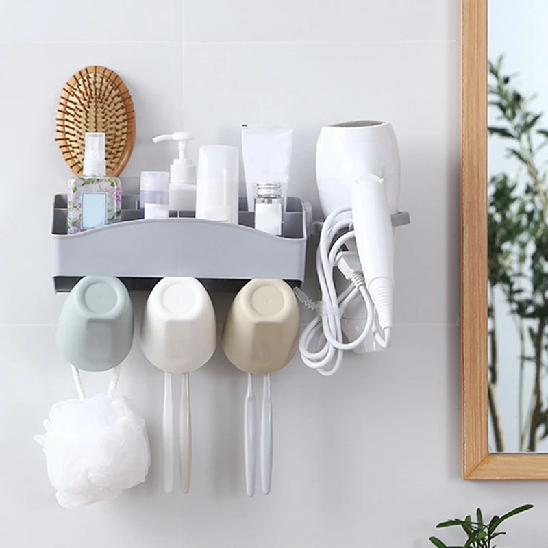 

Toothbrush Rack Free Punch Mouthwash Cup Wall Hanging Hair Dryer Bracket Bathroom Storage Rack Bathroom Accessories Set