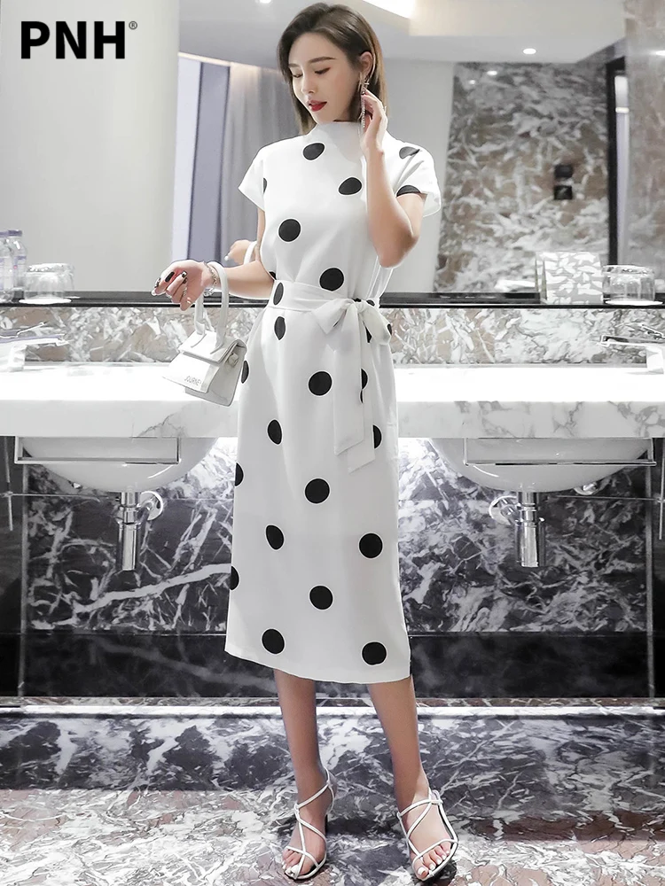 

Женское приталенное платье в горошек, длинная белая шифоновая юбка с поясом, лето 2021