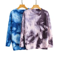 traf women 2021 sexy tie dye jacquard loose cable knitted sweater vintage long sleeve round neck warm female pullovers