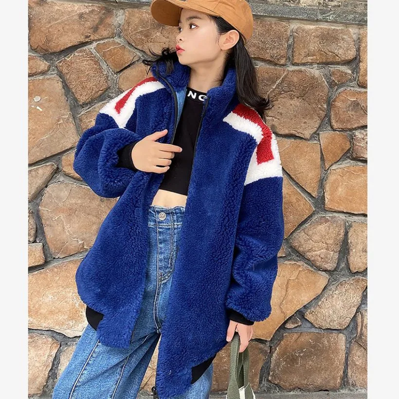 

Real Lambswool Fur Coat Winter Casual Sheep Shearing Plush Warm Outerwear Granules Cashmere Kids Clothing Jackets Overcoat A797