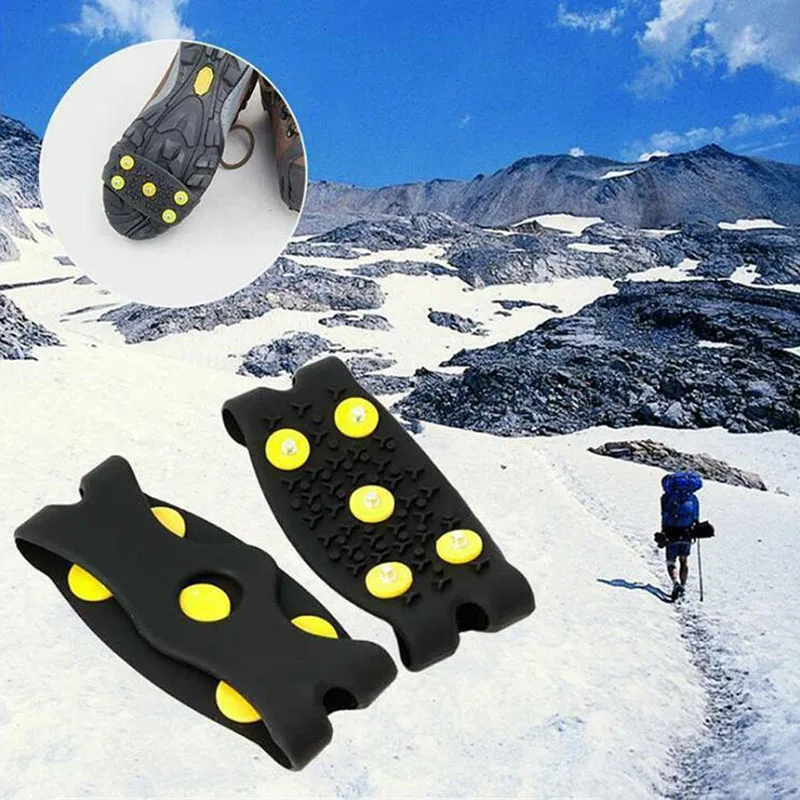 

1Pair Anti Slip Ice Climbing Spikes Grips Crampon Cleats 5-Stud Black Shoes Cover Free Size footwear Mountaineer Accessories