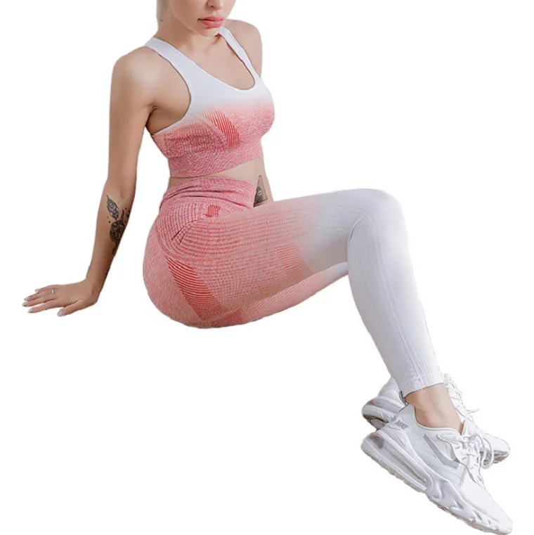 

Gradient color beauty back sports bra suit women's tight hip lifting high waist seamless Yoga set Fitness suit sport clothes