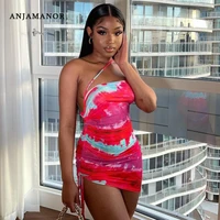 anjamanor colorful tie dye sexy bodycon dresses for women 2021 clubwear drawstring ruched one shoulder mini dress d70 bb13