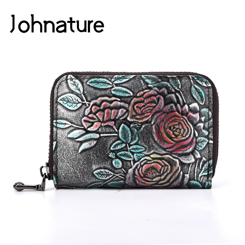Женский винтажный кошелек Johnature из натуральной кожи на молнии с цветочным