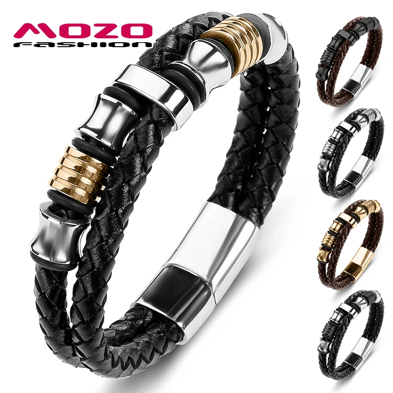 

MOZO FASHION 2020 Men Jewelry Black Leather Braided Rope Chain Stainless Steel Magnet Buckle Bracelets for Women Party Gifts 067