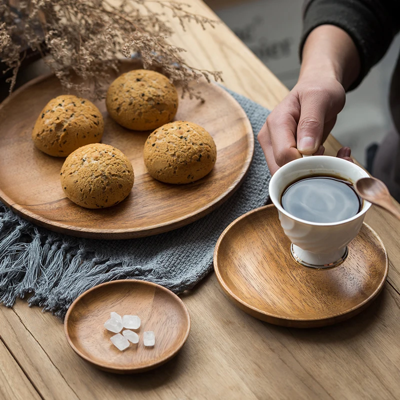 

Round Solid Wood Tray Tableware Sets Trinket Dish Set Sushi Fruit Tea Tray Dessert Plates Acacia Wooden Dinner Breakfast Plates