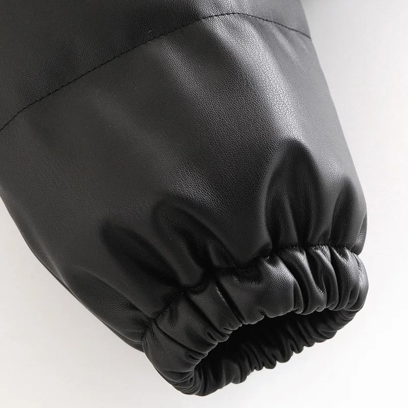 

Women Elegant PU Leather Short Cotton Jackets Female Ladies Casual Stand Collar Parkas Women Fashion Black Coats