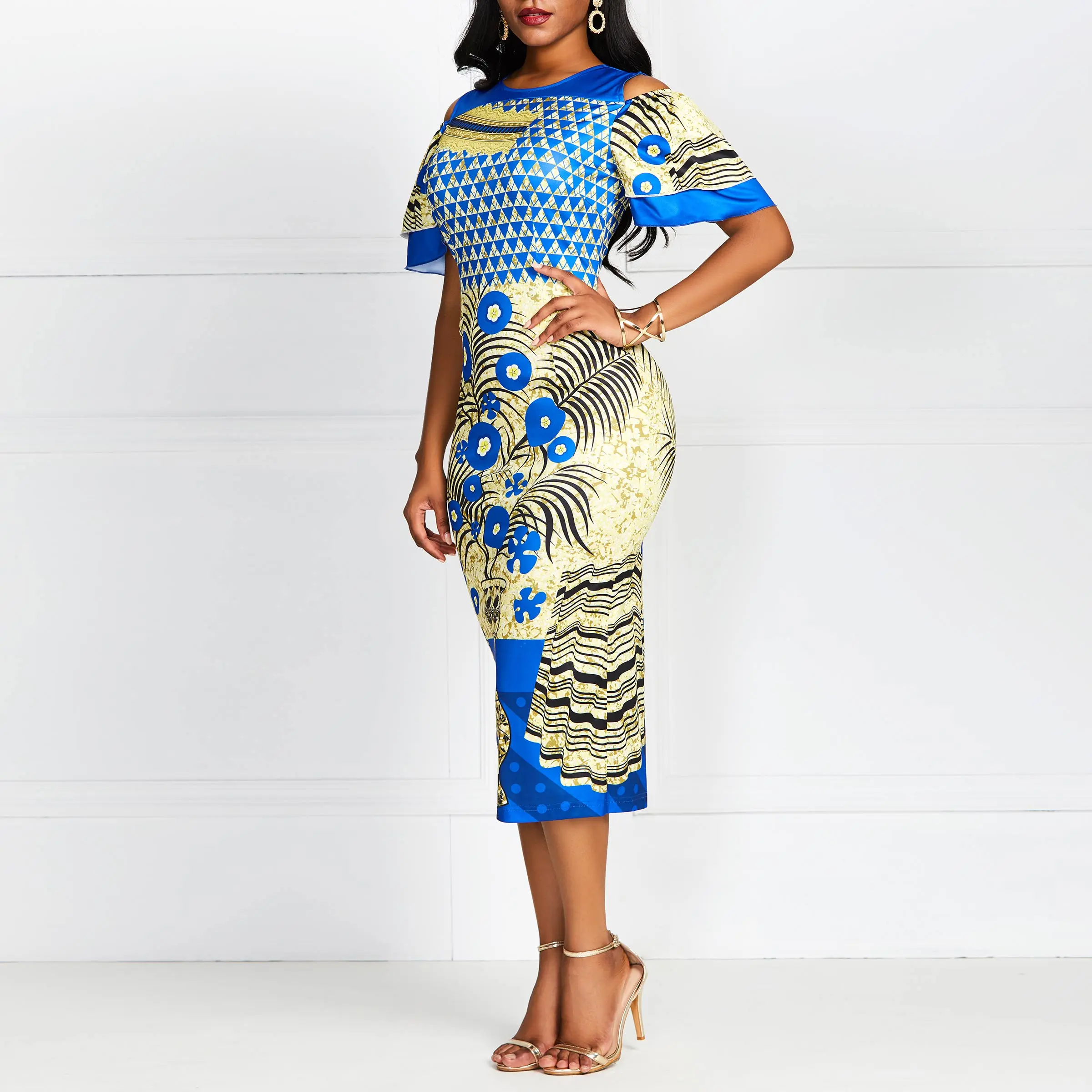 Off Shoulder Party Bodycon Dress Elegant Evening Women Ethnic Floral Color Print Stylish Ruffle Summer 2019 Sexy African Dresses | Женская