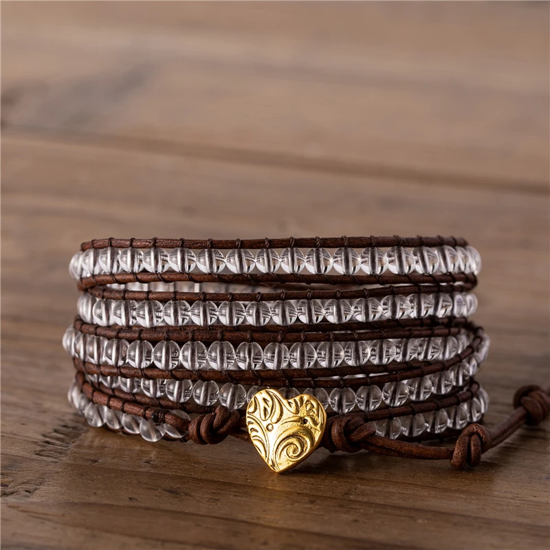 Браслет женский кожаный 4 мм с бусинами из натурального камня | Украшения и