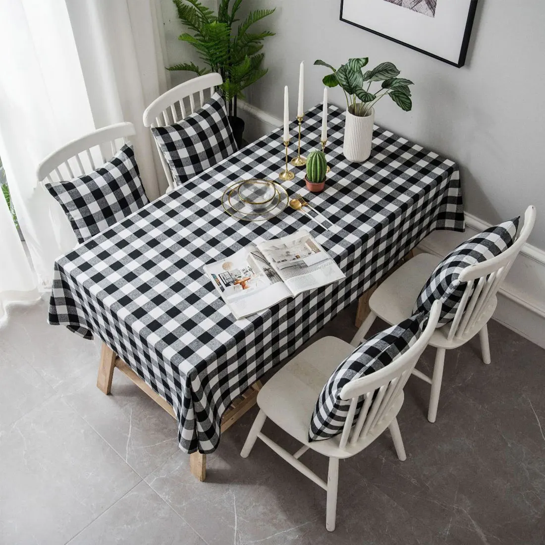 

Black Red Plaid Yarn Dyed Linen Cotton Pastoral Tablecloth Picnic BBQ Home Kitchen Decorative Table Cloth