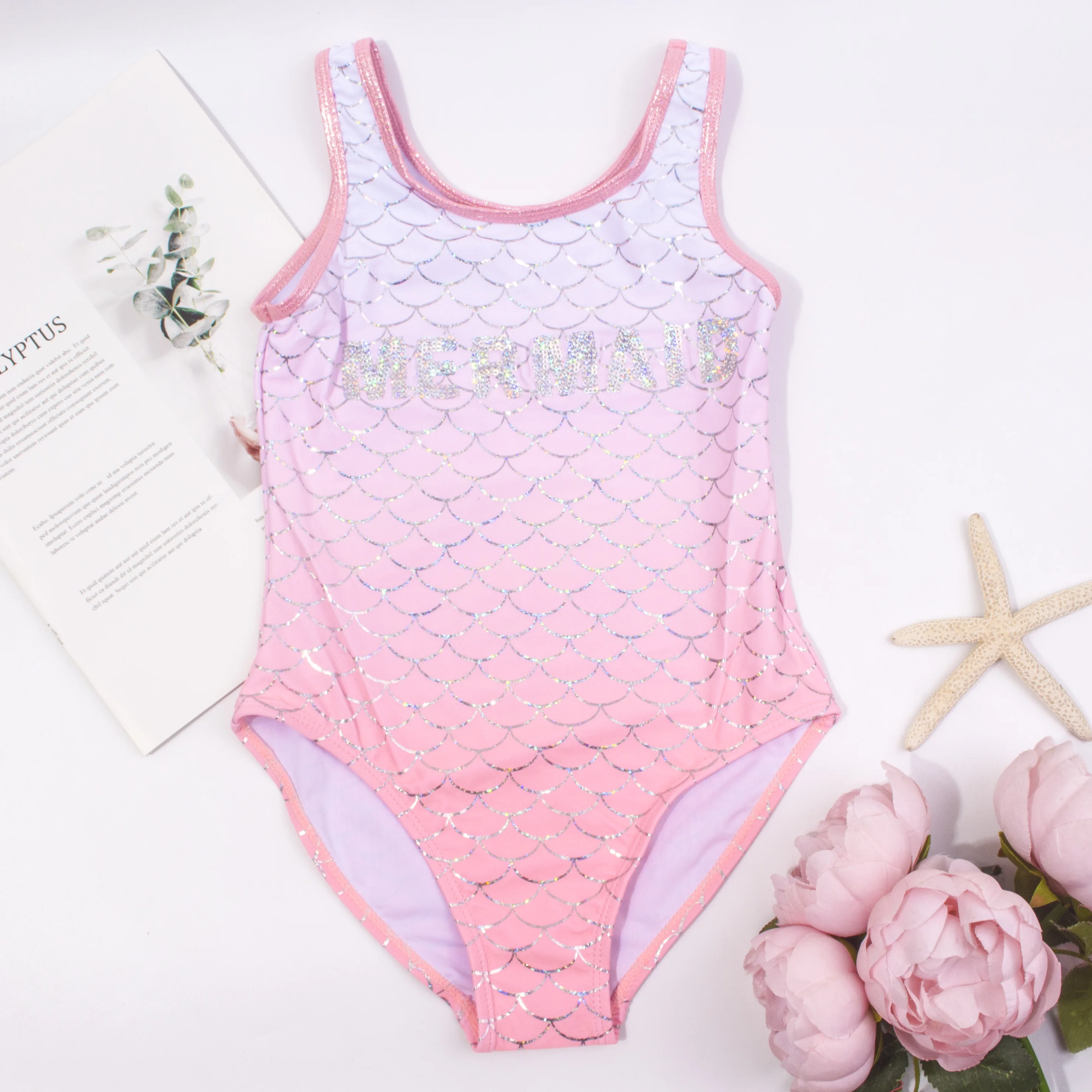 Купальник для девочек с принтом рыбьей чешуи брендовый слитный купальник