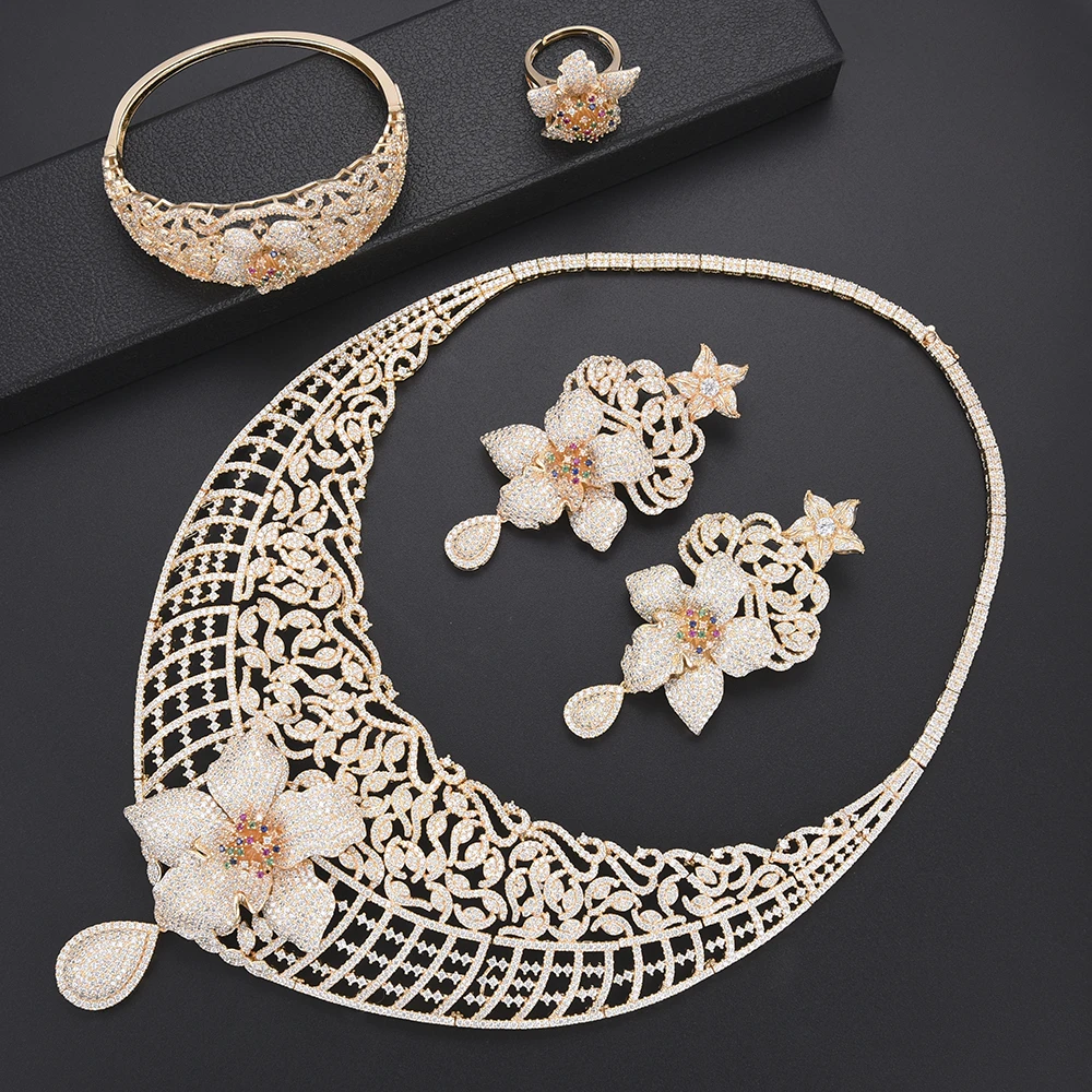 

Модные роскошные наборы ювелирных изделий из Дубая с фианитами, свадебное ожерелье, серьги, браслет, кольцо, 4 шт.