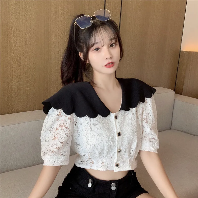 

Hollow Out Lace Summer Womens Shirts and Blouses Korean Fashion Clothing Peter Pan Collar Sweet Style Kawaii Crop Top Ladies New