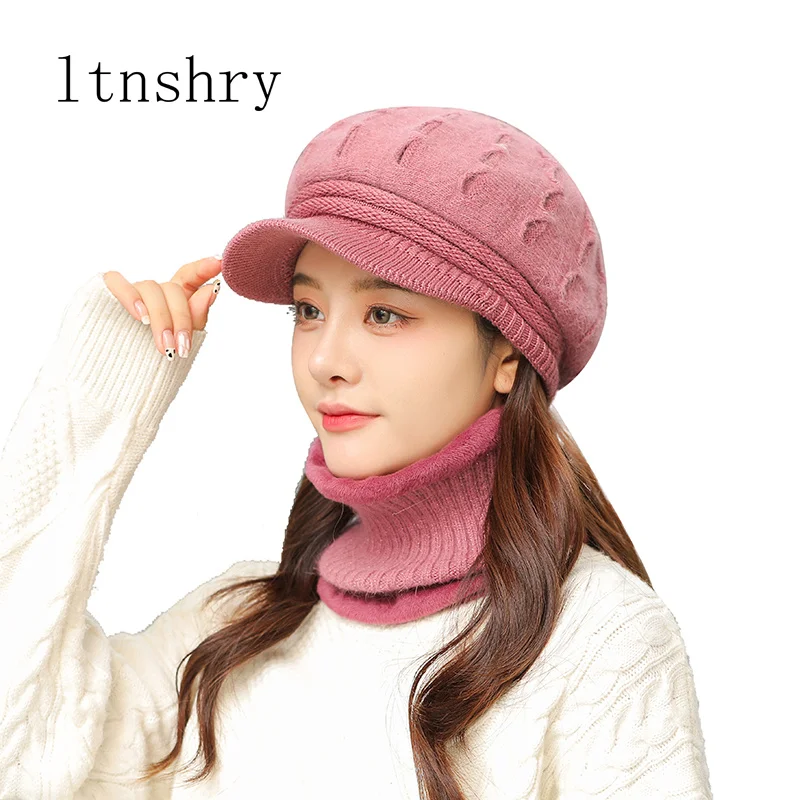

New Coral Fleece Winter Hat Beanies Women's Hat Scarf Warm Breathable Wool Knitted Hat For Women Double Layers Protection Caps
