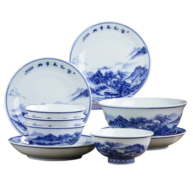 

Фарфоровая сине-белая чаша и тарелка ручной работы Jingdezhen, набор посуды, рисовая чаша, Глубокая тарелка, миска для супа