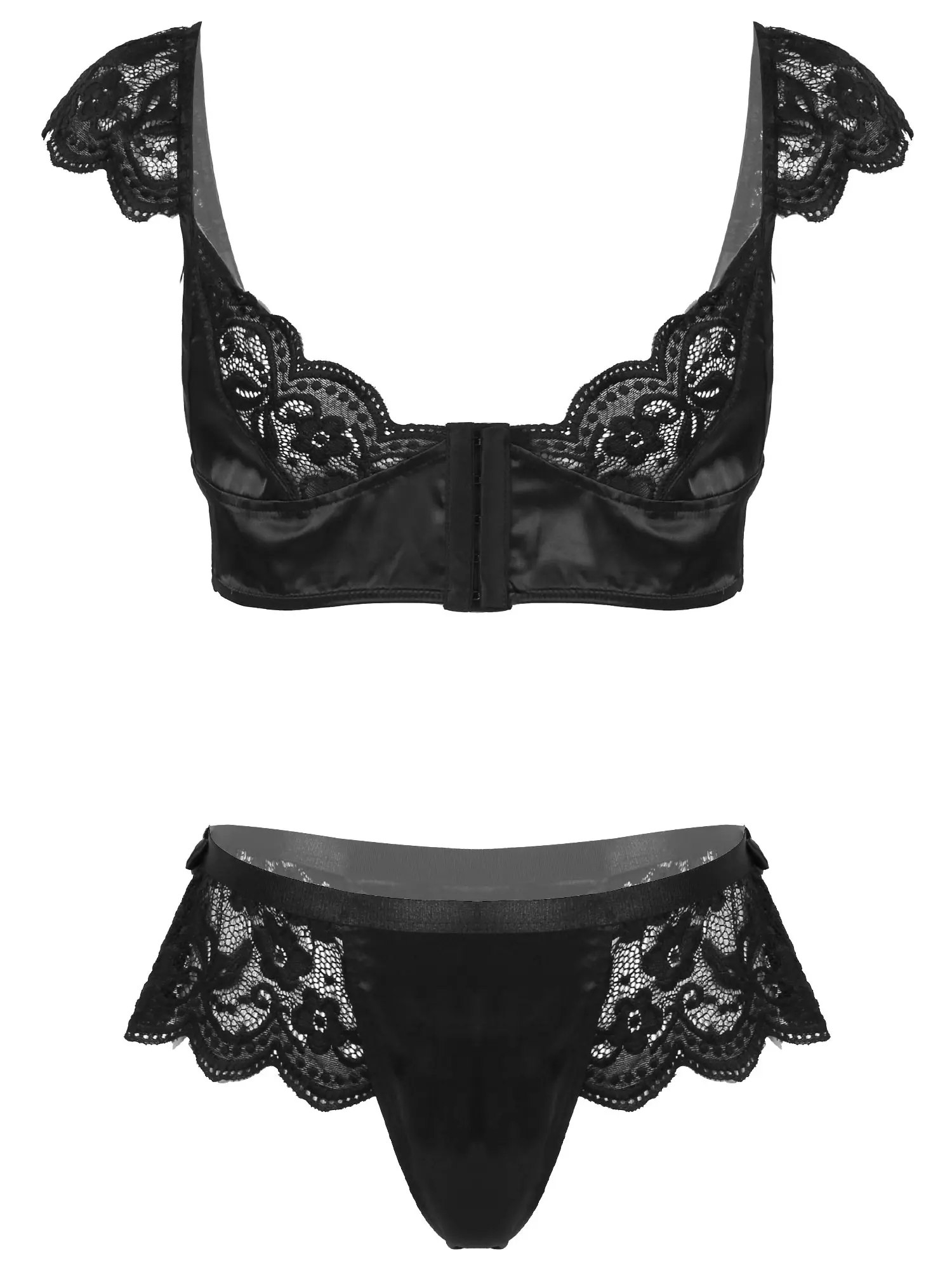 

Men Lace Patchwork Satin Lingerie Suit Sissy Nightwear Front Closure Bra Tops with Bowknot Decor Briefs Set Sleepwear