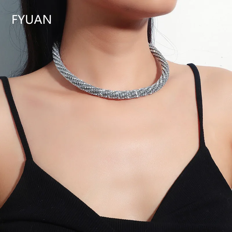 

FYUAN Simple Geometric Crystal Choker Rhinestone Necklaces Torques Necklaces for Women Statement Jewelry Gifts