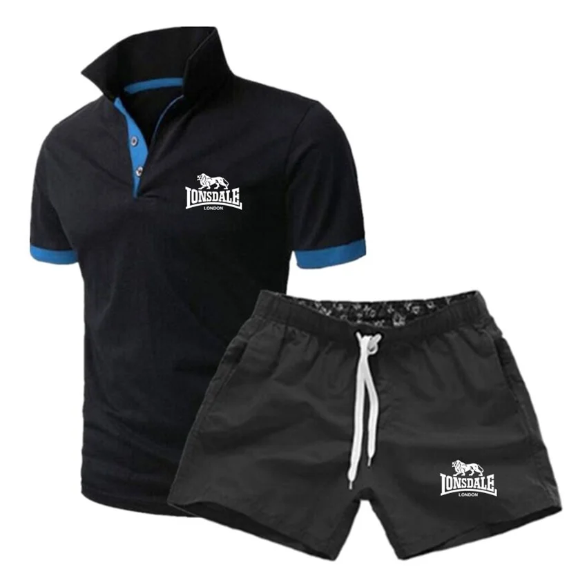 

2021 Summer Men's IONSDALE Letters Printed T-shirt Men's Short Sleeve Top Set Fashion Slim Polo Shirt Set
