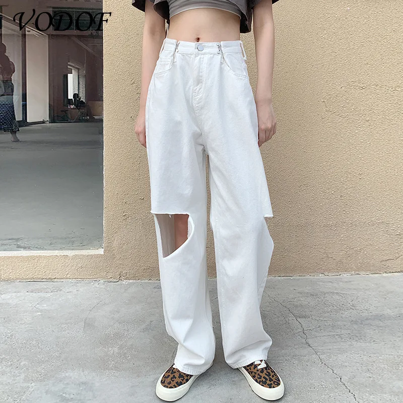 

VODOF Baggy White High Waisted Jeans for Women 2021 Plus Size Denim Pants Full Length Sky Blue Vintage Streetwear Trousers