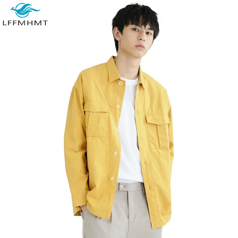 

Men Spring Fall Long Sleeve Lapel Dress Shirt Male Japan Style Chest Pocket Solid Color Harajuku Simple Casual Cotton Trendy Top