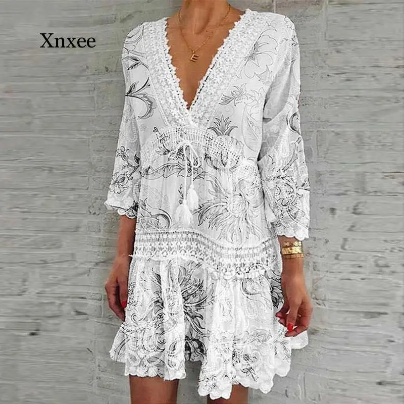 Lace V Neck Patchwork Summer Dress Women Three Quarter Sleeve Tassel Party Elegant Floral Print Hollow Out white tassel | Женская одежда