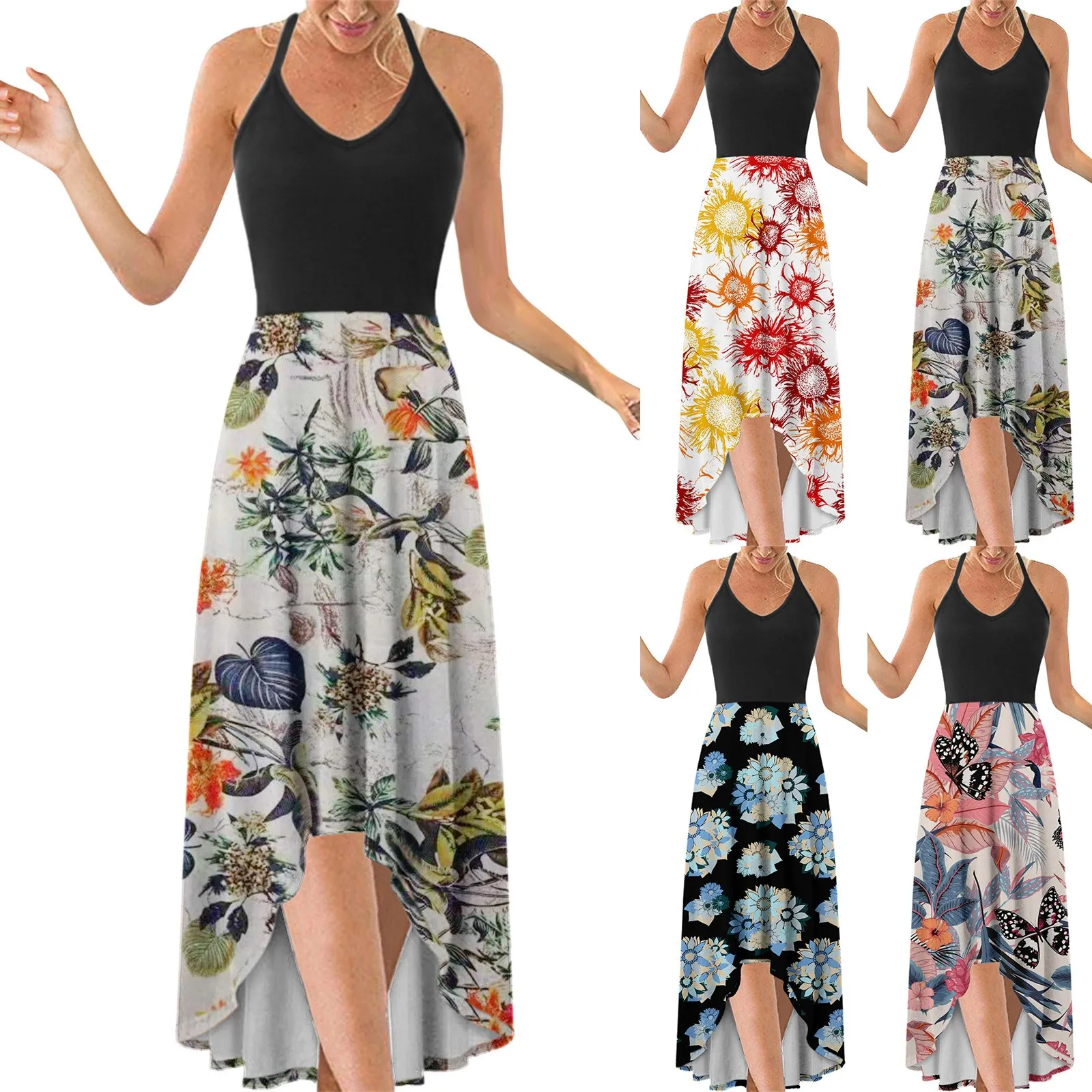 

Floral Dress Women V-neck Elegant Irregular Hem Prints Long Party Dress Spaghetti Strap Dress Bohemian Women's Summer Sundresses