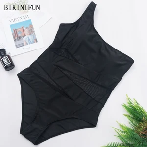 2020 New Sexy Single Shoulder Monokini Women Mesh Patchwork Swimwear Solid Black Beachwear S-XL Girl Backless One Piece Suit 2020 New Sexy Single Shoulder Monokini Women Mesh Patchwork Swimwear Solid Black Beachwear S-XL Girl Backless One Piece Suit