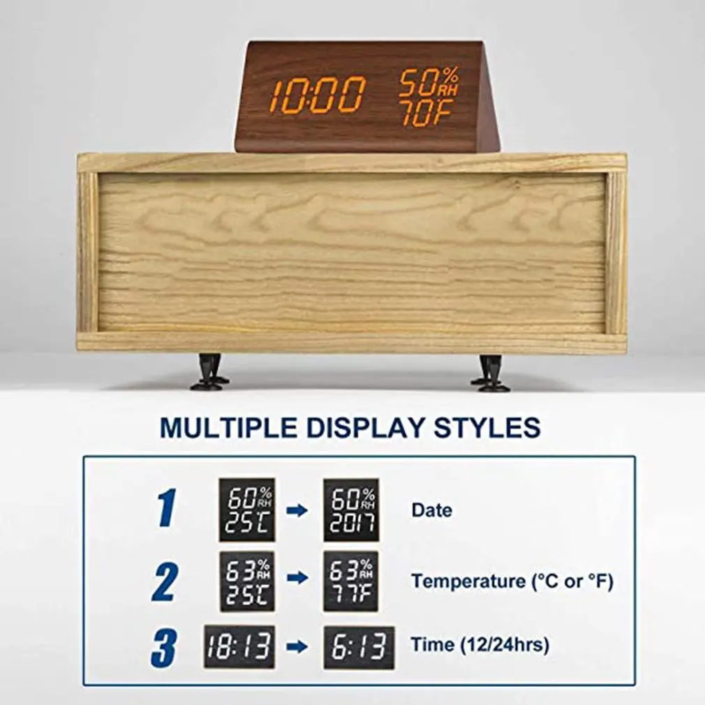 Цифровой будильник с влажностью и температурой деревянные бесшумные