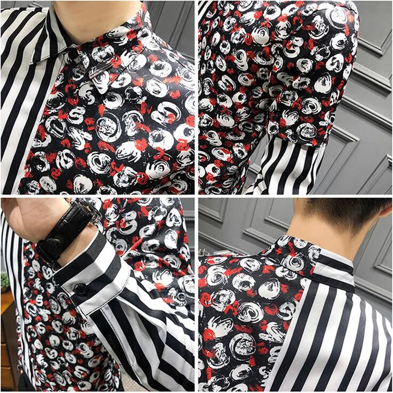 

Trendy Striped Print Shirts Mens Long Sleeve Fashion Patchwork Casual Shirt For Men Streetwear Camisa Social Masculina V542