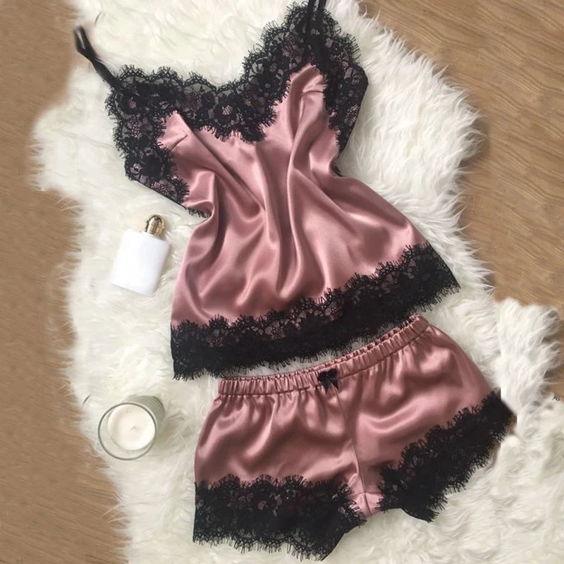 Женская пижама Сексуальный Атласный пижамный комплект кружевное нижнее белье с V