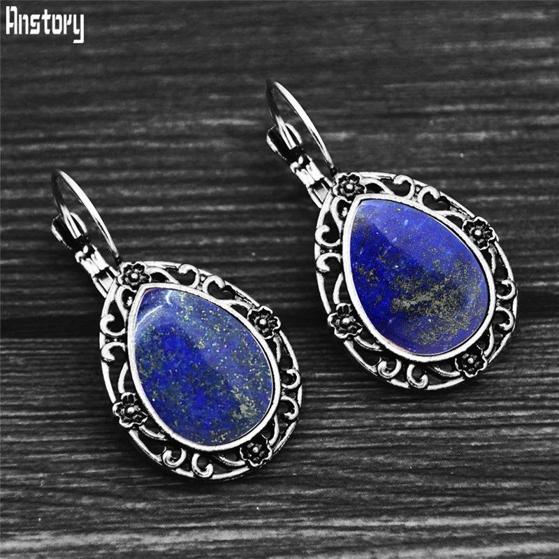 

Water Drop Lapis Lazuli Plant Flower Hook Earrings For Women Antique Silver Plated Fashion Jewelry Party Gift