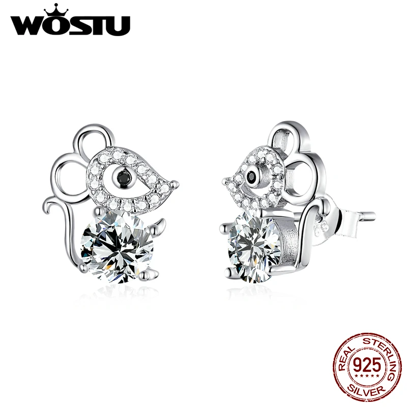 WOSTU Authentic 925 Sterling Silver Lovely Mouse Stud Earrings For Women Clear Zircon Small Fashion Jewelry Gift FIE826 | Украшения и