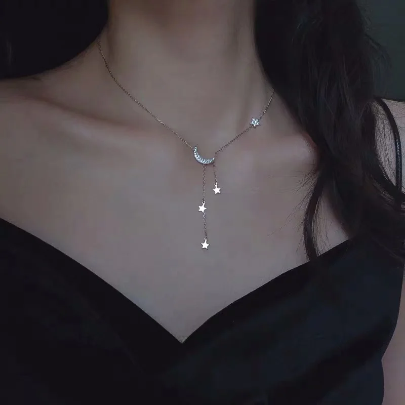 

Silver Plated Star Moon Simple Elegant Tassel Necklace Women's Necklace Choker Collares Wedding Jewelry Accessories Necklace