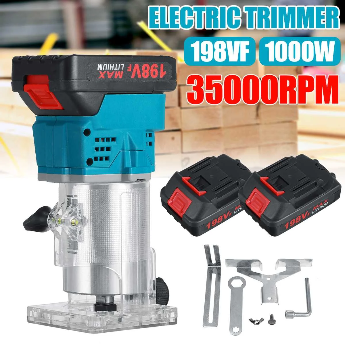 

New 1000W 198VF 35000r/min Cordless MPT Wood Electric Trimmer Woodworking Milling Hand Trimmer Laminator Router With 2 Battery