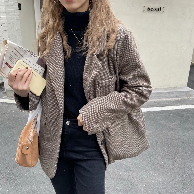 

HziriP Houndstooth Stylish Women New Arrival All Match 2021 Plaid Office Lady Coats OL Streetwear High Quality Jackets Blazers