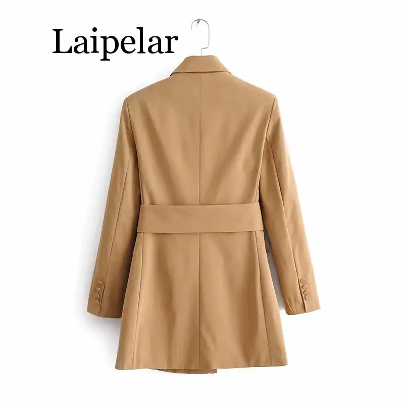 Laipelar Khaki Women Elegant Long Blazers 2019 Spring-Autumn Ladies Chic Notched Collar Suits Jackets with Belt Girls Blaze | Женская