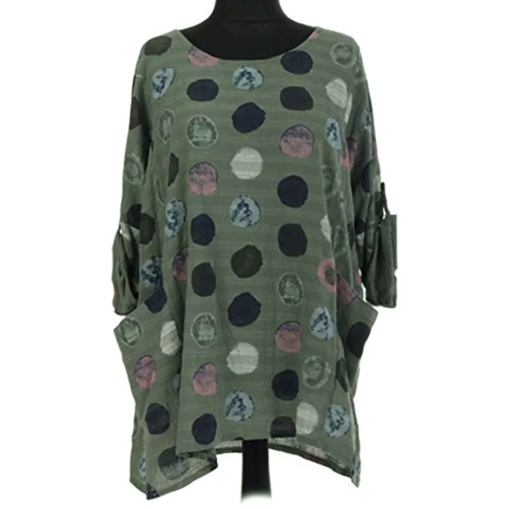 Army Green Осенняя Новая модная женская рубашка с длинными рукавами и карманами большого размера с принтом в горошек Повседневная Блузка - Цвет: Army Green