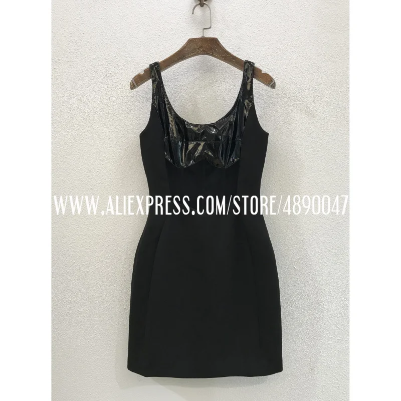 

PU stitching U-shaped neckline sexy mesh see-through fish bone slim slimming hip dress compact package mini dress